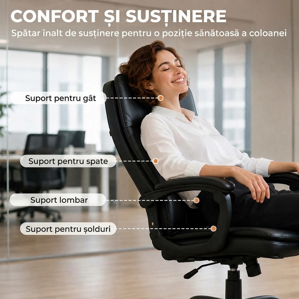 HOMCOM Scaun de Birou Rotativ din Piele PU, Funcție Legănare, Spătar Înalt, Reglabil pe Înălțime, Suportă 120 kg, Negru | Aosom Romania