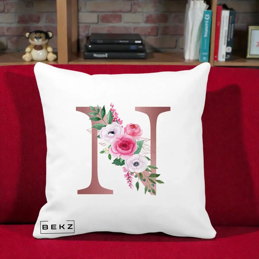 Cadou Personalizat - Perna Personalizata Monograma Rose Gold Litera N, 40x40 cm, Alba Mata, Husa Detasabila, Perna Inclusa, BEKZ®