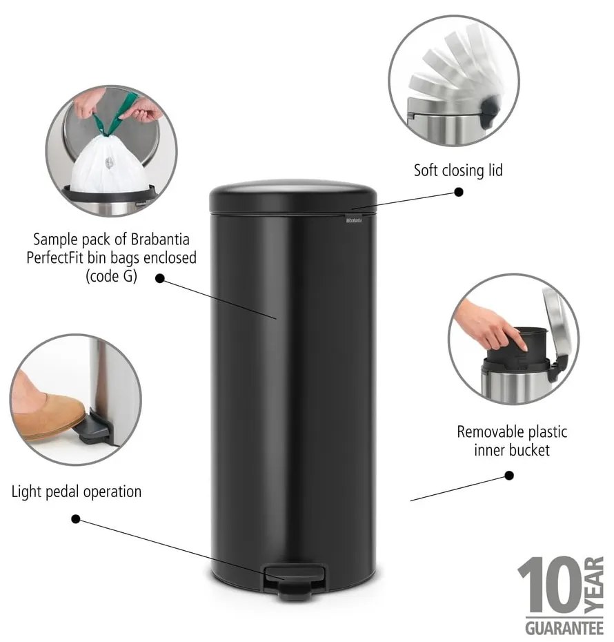 Coș de gunoi negru mat cu pedală din oțel 30 l NewIcon – Brabantia