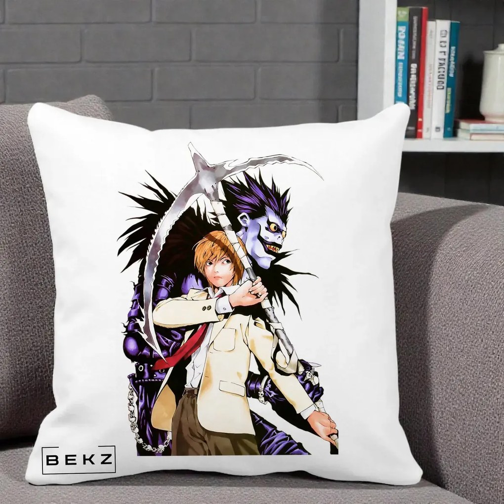 Perna Personalizata Death Note Light si Ryuk Duo, 40x40 cm, Alba Mata, Husa Detasabila, Perna Inclusa, BEKZ®