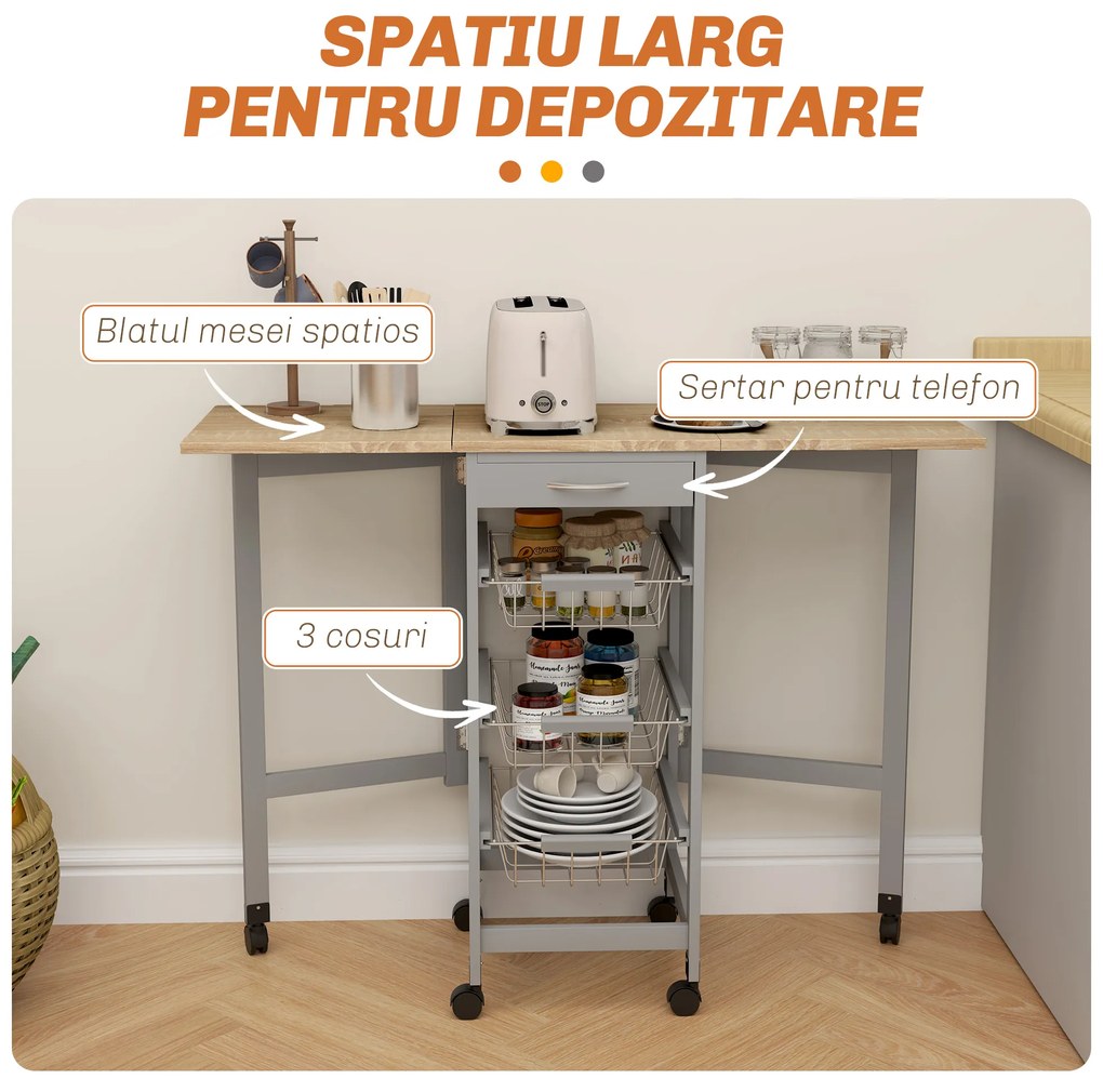 HOMCOM Cărucior de Bucătărie din Lemn și Metal cu 3 Coșuri, Sertar și Clapete, 37x37x77.5 cm, Gri | Aosom Romania
