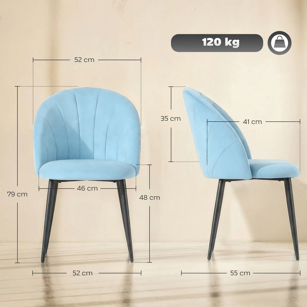 HOMCOM Set de 2 Scaune de Sufragerie din Catifea, Scaune Bucătărie cu Spătar Curbat în Formă de Scoică, Picioare din Oțel, Stil Nordic, Scaun Tapițat pentru Bucătărie, Dormitor, Living, Albastru Deschis | Aosom Romania