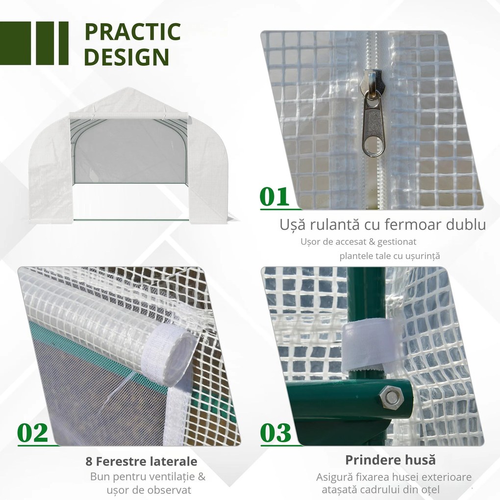 Outsunny Sera de Grădină Spațioasă, cu 8 Ferestre și Ușă Enrolabilă, Include Țăruși și Frânghii, 6x3x2m, Oțel și PP, Verde | Aosom Romania