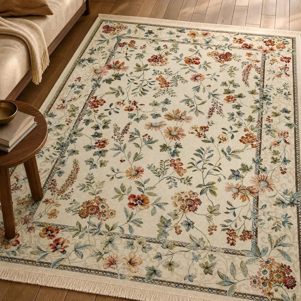Covor crem din viscoză 95x140 cm Oriental Flowers – Nouristan