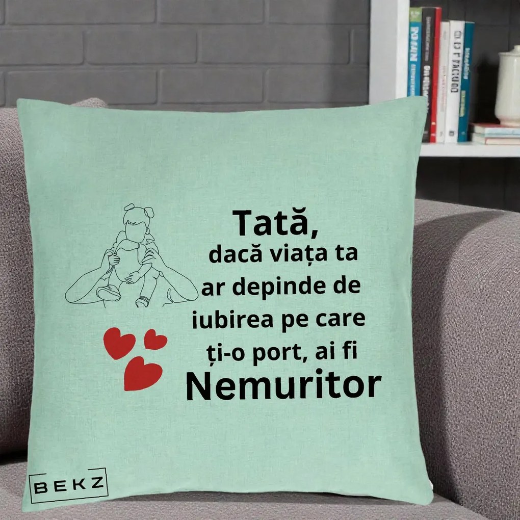 Cadou pentru Tata - Perna Personalizata Tata Nemuritor Mesaj, 40x40 cm, Verde Menta, Husa Detasabila, Perna Inclusa, BEKZ®