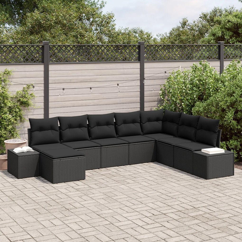 vidaXL Set de canapea de grădină cu 8 piese și perne, rattan poliester negru