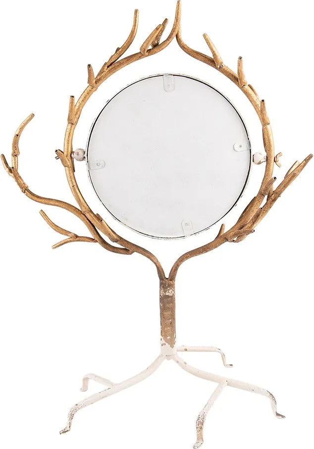 Oglinda de masa, bej, din metal, cu detalii in forma de coarne de cerb, aspect vintage, 51x37x65 cm