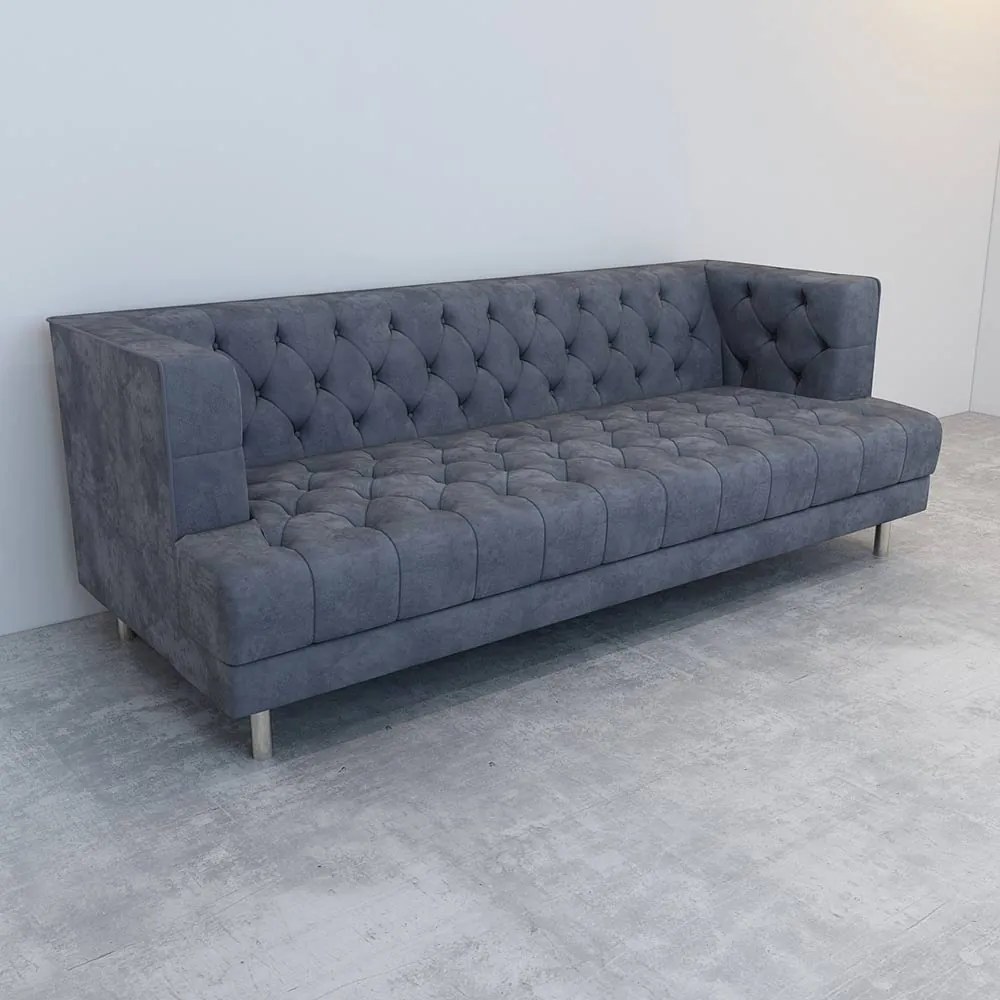 CANAPEA CATIFEA LUX CHESTERFIELD, 210X88X75 CM, CULOARE GRI, SEZUT SPUMA, CADRU LEMN, PICIOARE METAL ARGINTIU