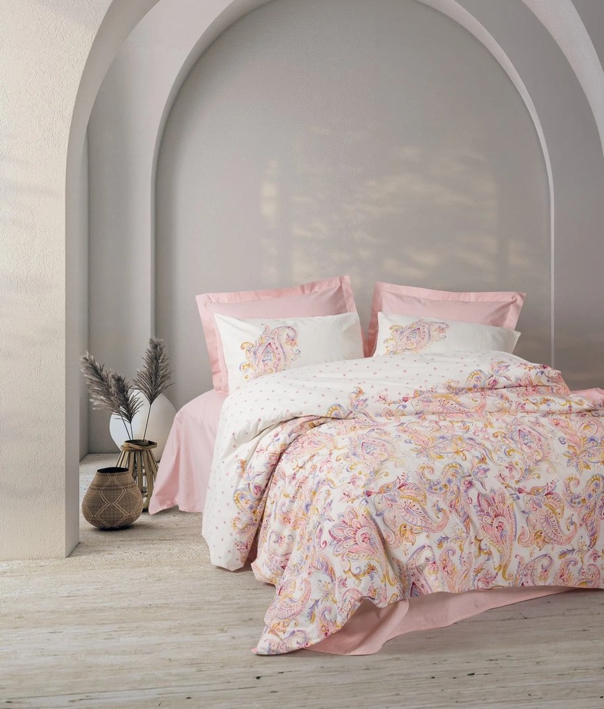Set lenjerie pat dublu MUNA, bumbac, roz pudra/alb, 240x260 cm, cu cea