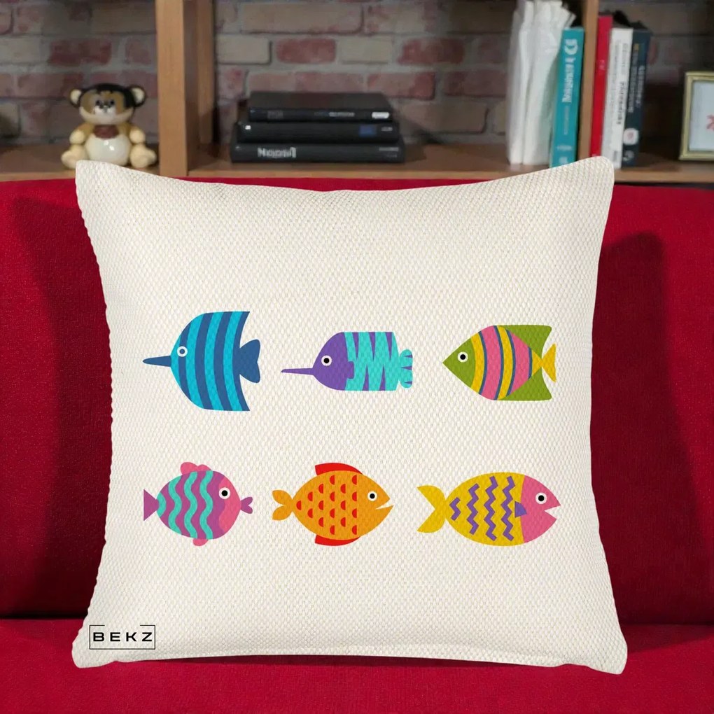 Perna Decorativa Pesti Colorati Cartoon, 40x40 cm, Crem Reliefat, Husa Detasabila, Perna Inclusa, BEKZ®