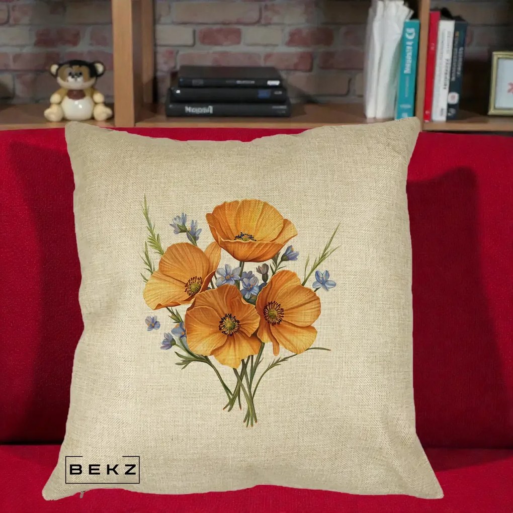 Perna Decorativa Maci Portocalii cu Floricele Albastre, 40x40 cm, Crem, Husa Detasabila, Perna Inclusa, BEKZ®