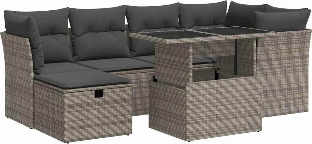 vidaXL Set canapele de grădină, 7 piese, cu perne, gri, poliratan