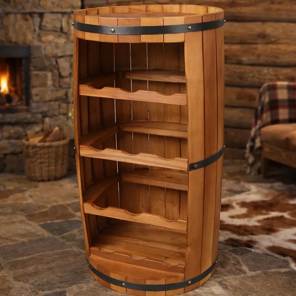 Suport de lemn pentru sticle de vin, forma de butoi, 12 sticle, 63x34 cm.