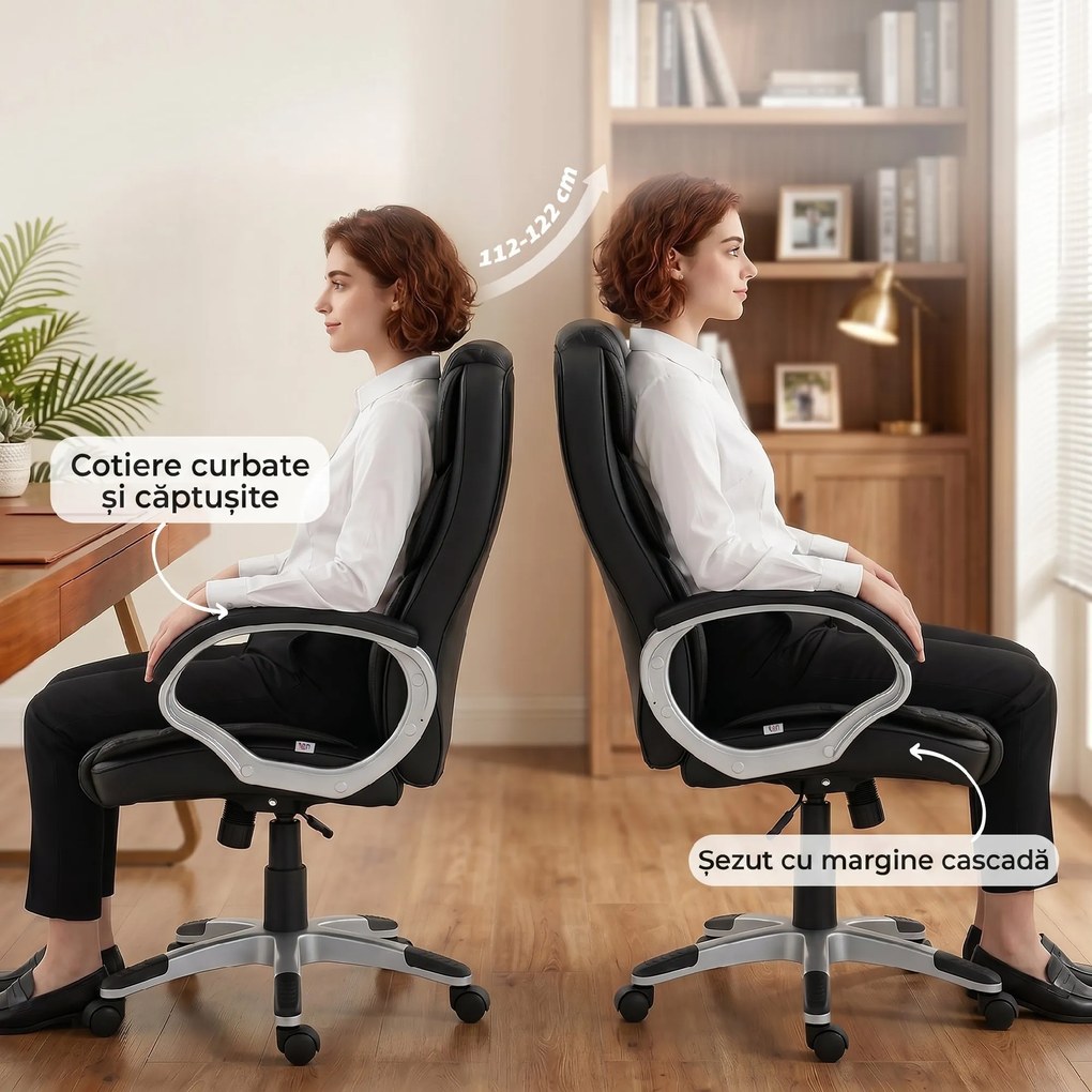 HOMCOM Scaun Birou Ergonomic Rotativ din Piele PU, Funcție Legănare, Înălțime Reglabilă, Capacitate 120kg, Negru | Aosom Romania