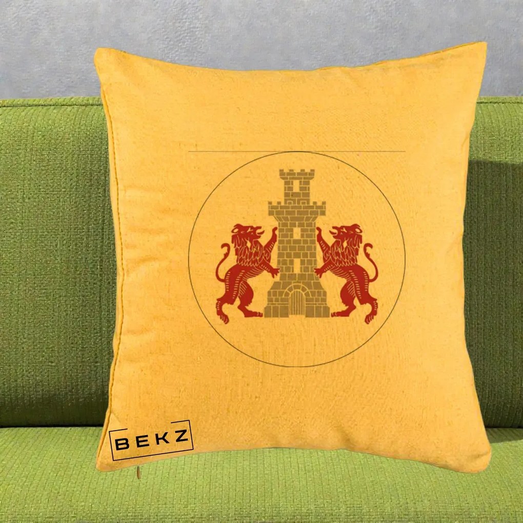 Perna Personalizata Cetatea Turnu Magurele Heraldic, 40x40 cm, Galben, Husa Detasabila, Perna Inclusa, BEKZ®