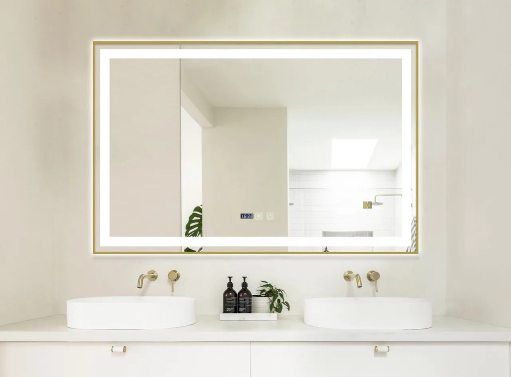 Oglindă Baie LED și Dezaburire Elit's Premium cu Senzor Touch, Lumina Rece, Caldă și Neutră, 120x80 cm, cu rama Bronz Gold Antichizat, Ceas