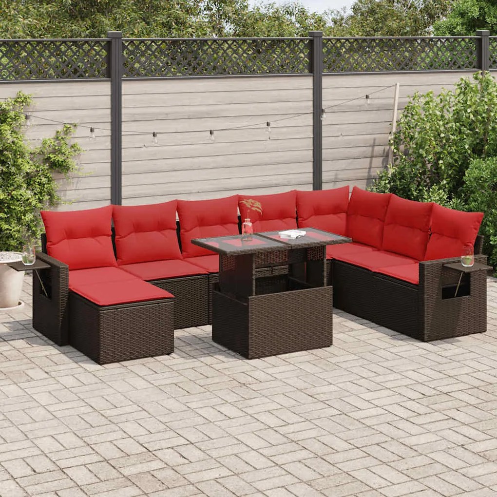 vidaXL Set mobilier grădină perne 9 piese maro poliratan/lemn acacia
