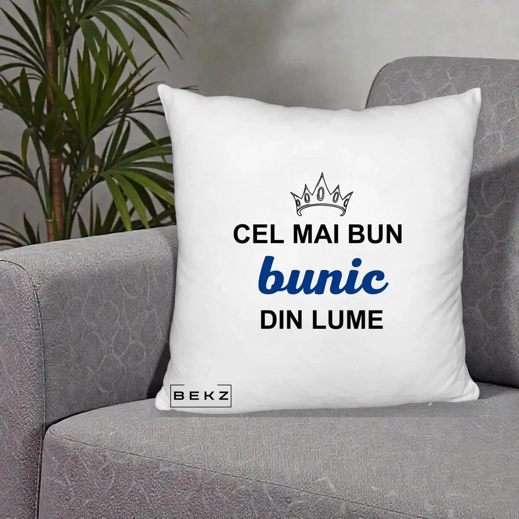 Cadou pentru Bunic - Perna Personalizata Cel Mai Bun Bunic Din Lume Coroana Albastra, 40x40 cm, Alb Pufos, Husa Detasabila, Perna Inclusa, BEKZ®