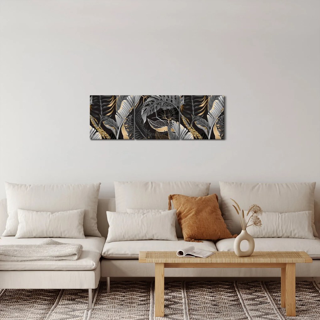 Tablou - Frunze tropicale, Galben - auriu (cu ceas) (90x30 cm)