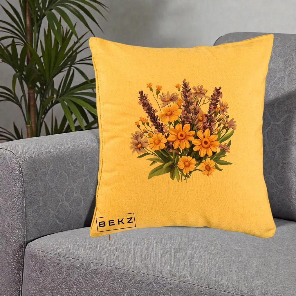 Perna Decorativa Lavanda cu Margarete Galbene si Lila, 40x40 cm, Galben, Husa Detasabila, Perna Inclusa, BEKZ®