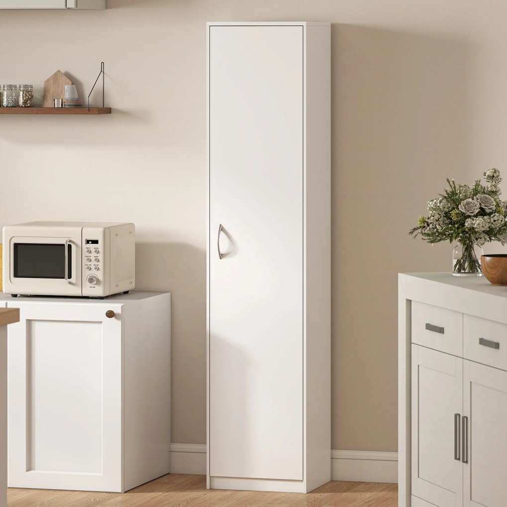 HOMCOM Dulap de Bucătărie Înalt Slim 180 cm, Mobilier cu 5 Rafturi și Ușă Soft Close, Anti-Răsturnare, Rafturi Reglabile, Mobilier Modern pentru Bucătărie, Alb | Aosom Romania