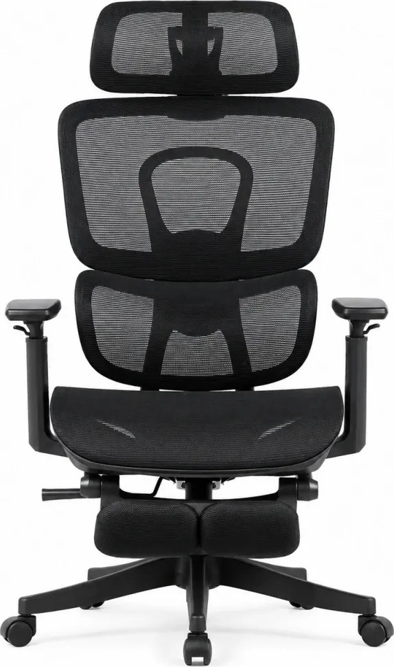 Scaun Ergonomic Premium Mesh cu Suport pentru Picioare, Reclinare 145°, Tetieră Reglabilă, Cotiere 3D, Suport Lombar Elastic și Șezut cu adâncime reglabilă, Negru
