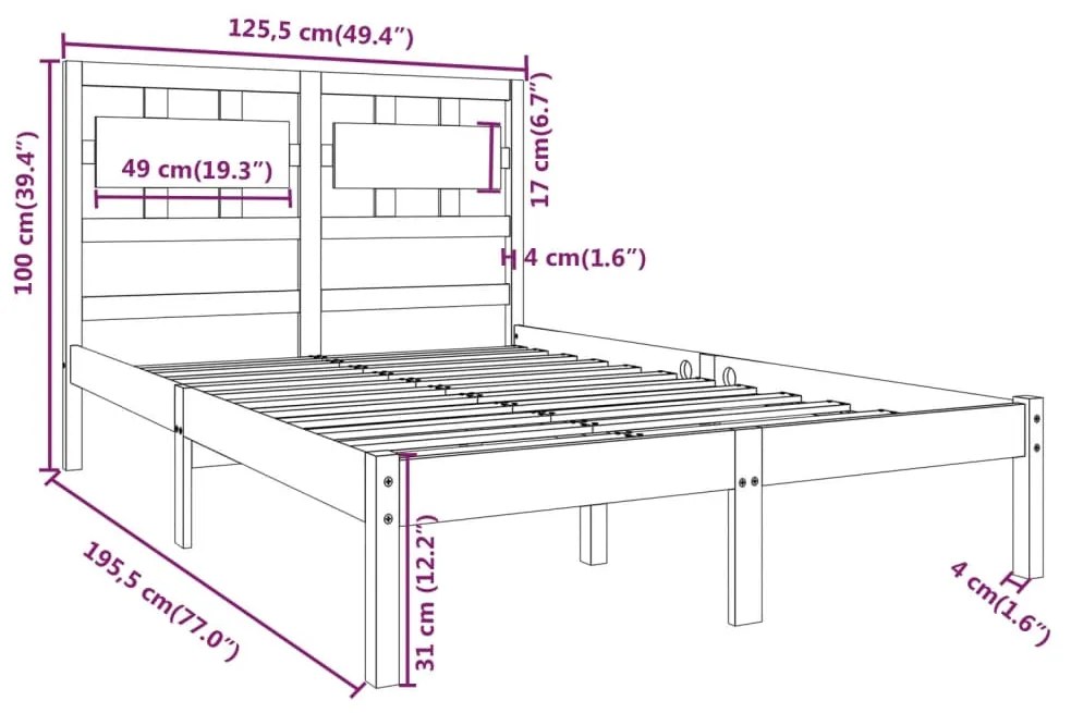 Cadru pat Small Double 4FT, negru, 120x190 cm, lemn masiv Negru, 120 x 190 cm