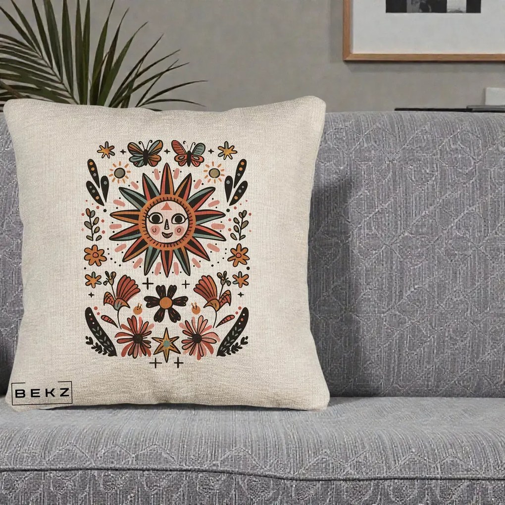 Perna Decorativa Soare Boho Folk Fluturi, 40x40 cm, Bej Canapea, Husa Detasabila, Perna Inclusa, BEKZ®