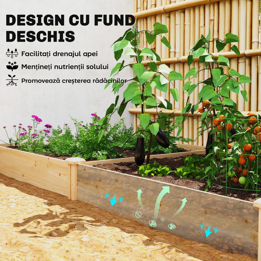 Outsunny Grădină Ridicată de Exterior cu Separator Central și Bază Deschisă, Jardinieră din Lemn de Brad, pentru Flori, Legume, Balcon sau Grădină, 235x121x26 cm, Culoare Lemn | Aosom Romania