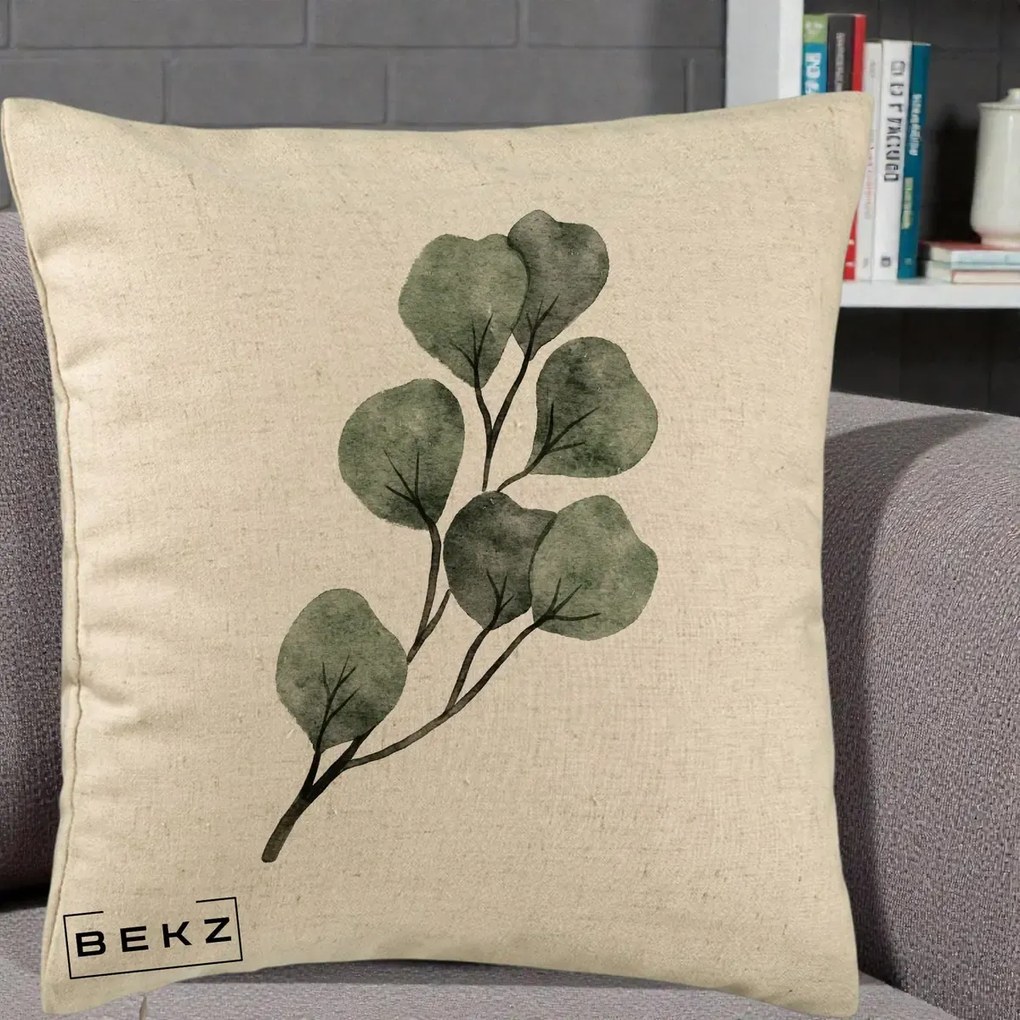 Perna Decorativa Ramura Eucalipt Acuarela, 40x40 cm, Bej, Husa Detasabila, Perna Inclusa, BEKZ®