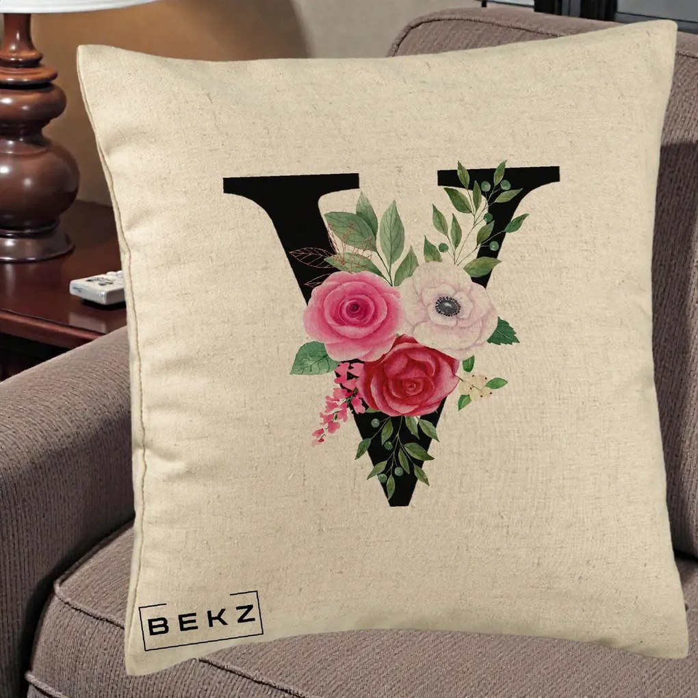 Cadou Personalizat - Perna Personalizata Monograma Florala Litera V cu Buchet, 40x40 cm, Bej, Husa Detasabila, Perna Inclusa, BEKZ®
