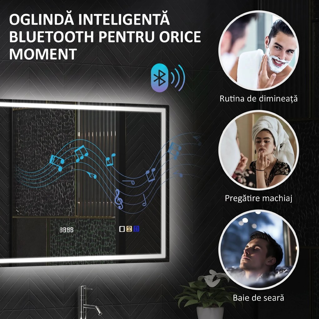 HOMCOM Oglindă Baie Anti-aburire Con Lumină Led E Difuzor Bluetooth 80x60 cm | Aosom Romania