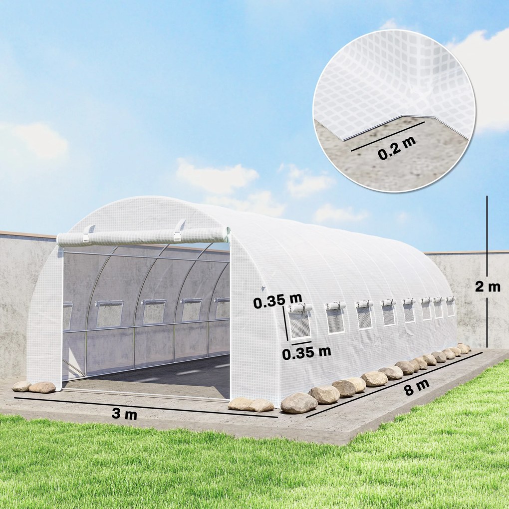 Outsunny Seră tunel de grădină 24 m² 8L x 3l x 2H m - 16 ferestre, ușă rulabilă cu fermoar, oțel galvanizat, prelată PE, Alb | Aosom Romania