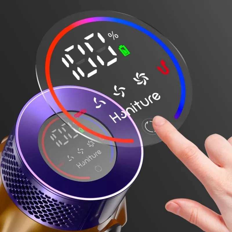 Aspirator vertical Honiture X7 CJD239, 550 W, 45 kPa, 1,5 l, 60 min, 3 moduri, Inaltime reglabila, Filtru HEPA, Ecran tactil, Perie cu LED, Nichel/Galben