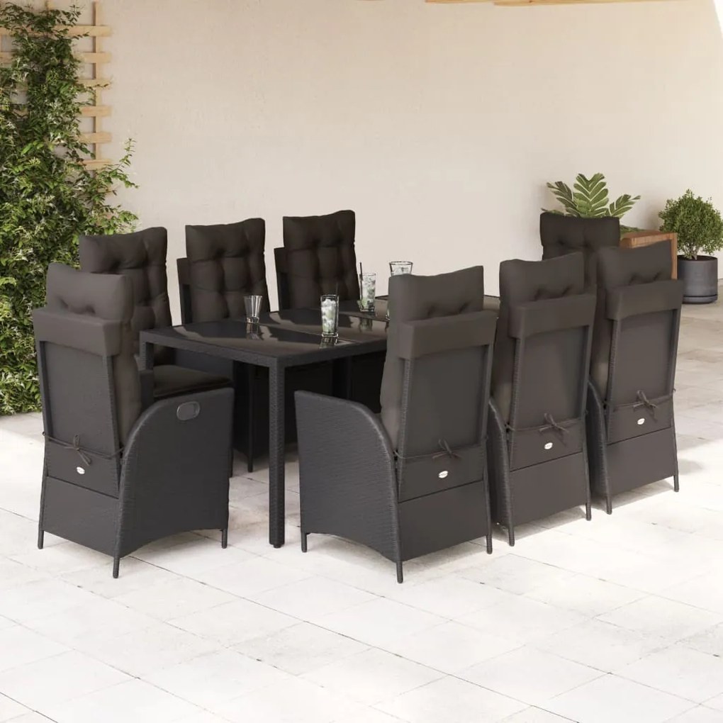 3213075 vidaXL Set mobilier de grădină cu perne, 9 piese, negru, poliratan