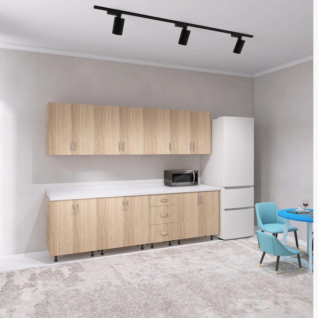 Bucatarie 260 cm Lungime, Material PAL 18mm, Culoare Sonoma, Blat termorezistent 2.8 cm Grosime