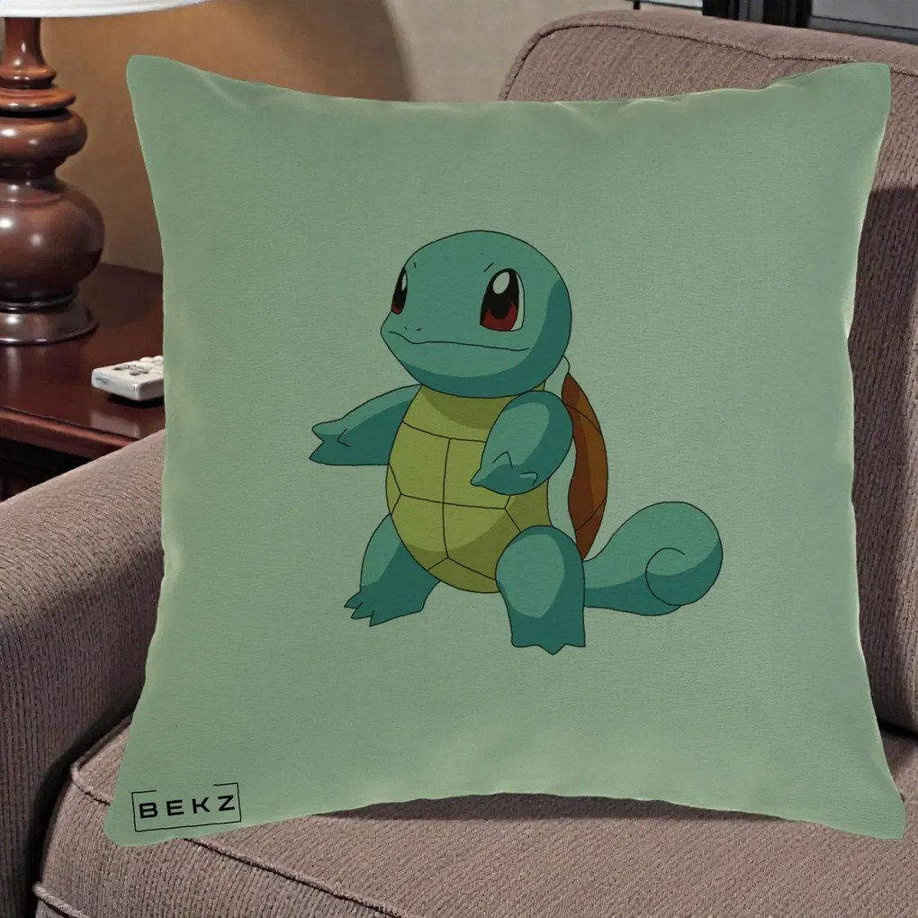 Perna Personalizata Squirtle Pokemon, 40x40 cm, Verde, Husa Detasabila, Perna Inclusa, BEKZ®