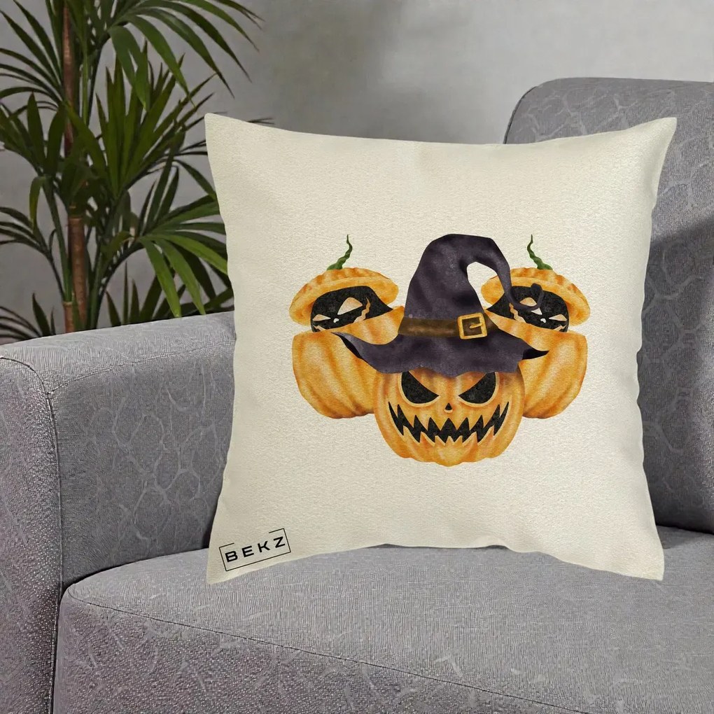 Perna Decorativa Trio Dovleci Jack-o-Lantern cu Palarie Vrajitoare, 40x40 cm, Ecru, Husa Detasabila, Perna Inclusa, BEKZ®