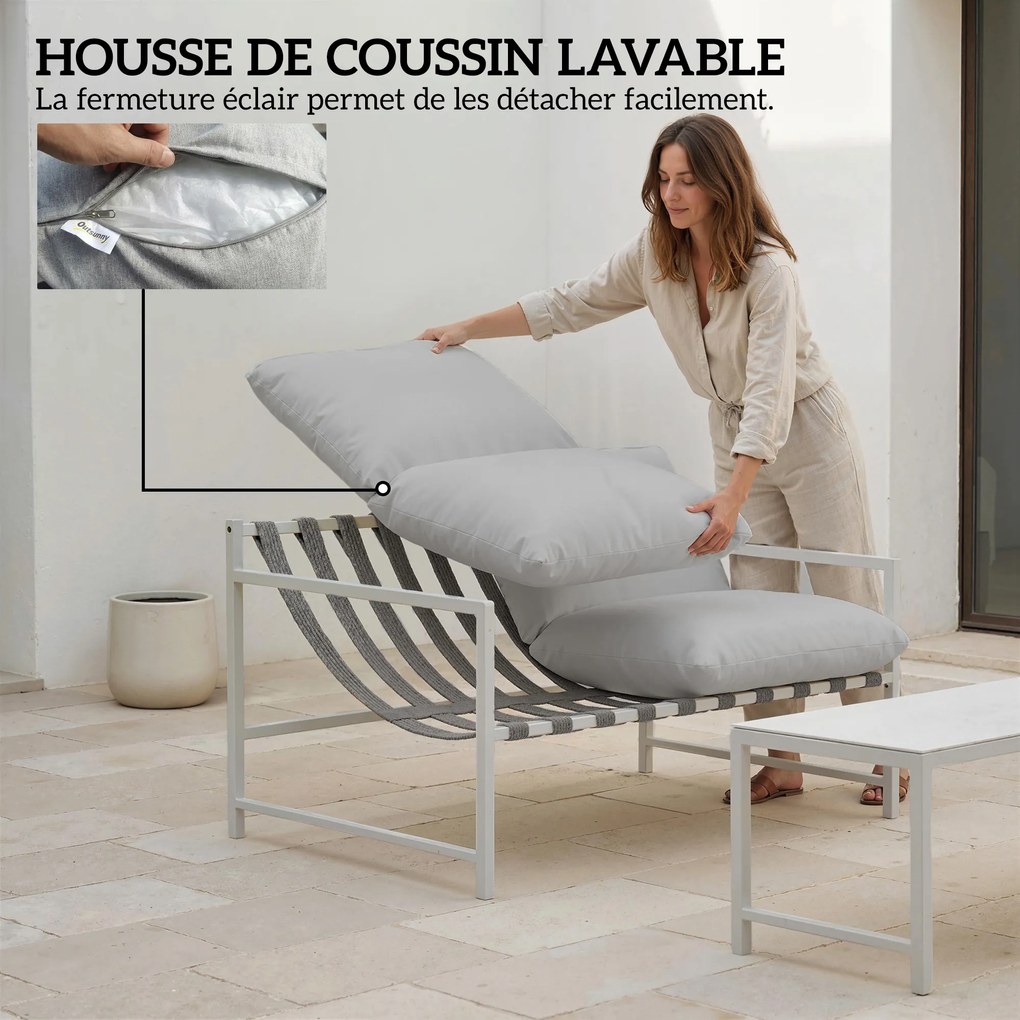 Outsunny Set mobilier de grădină exterior 2 piese, canapea cu perne, masă de cafea cu blat din sticlă securizată marmorat 3D, 125x80x64cm, gri deschis | Aosom Romania