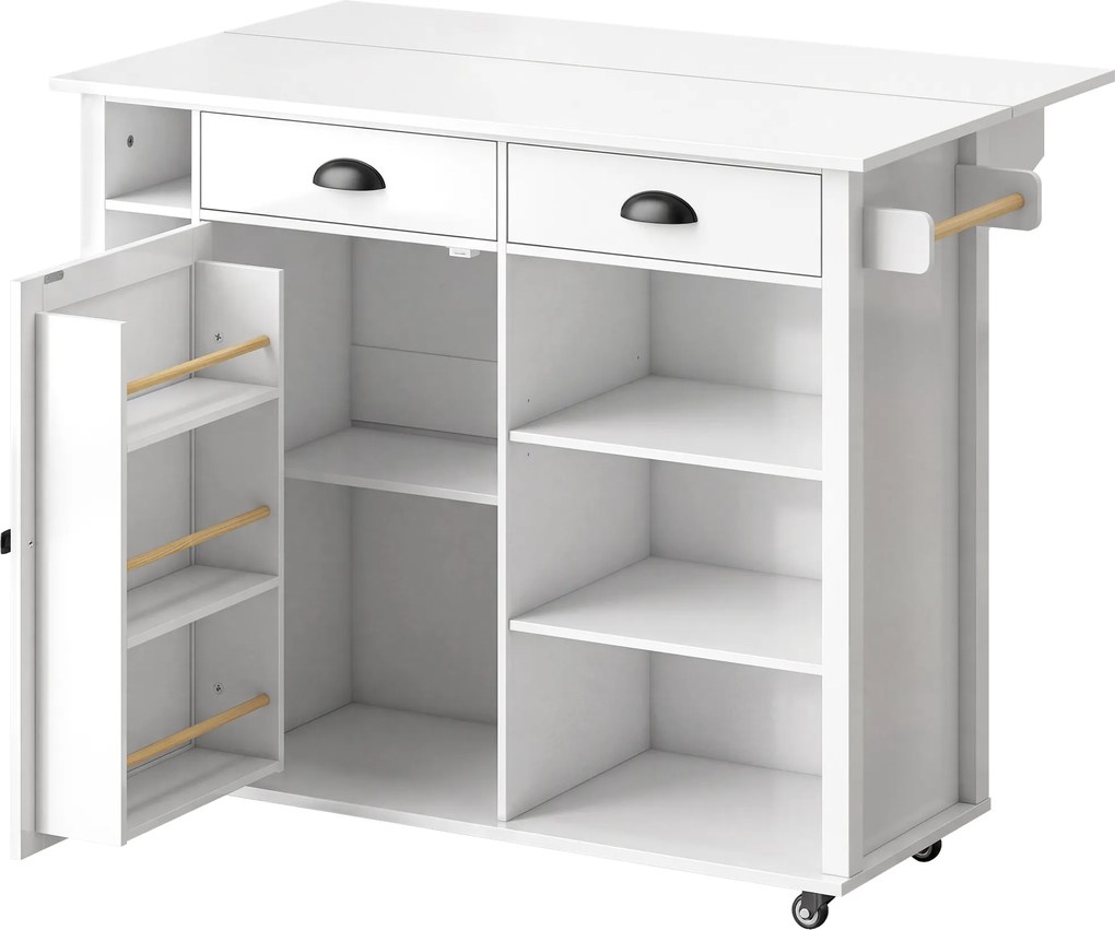 HOMCOM Insulă de Bucătărie cu Roți Blat Rabatabil Suport Condimente Suport Prosoape Dulap 2 Sertare 117,5x70x91 cm Alb | Aosom Romania