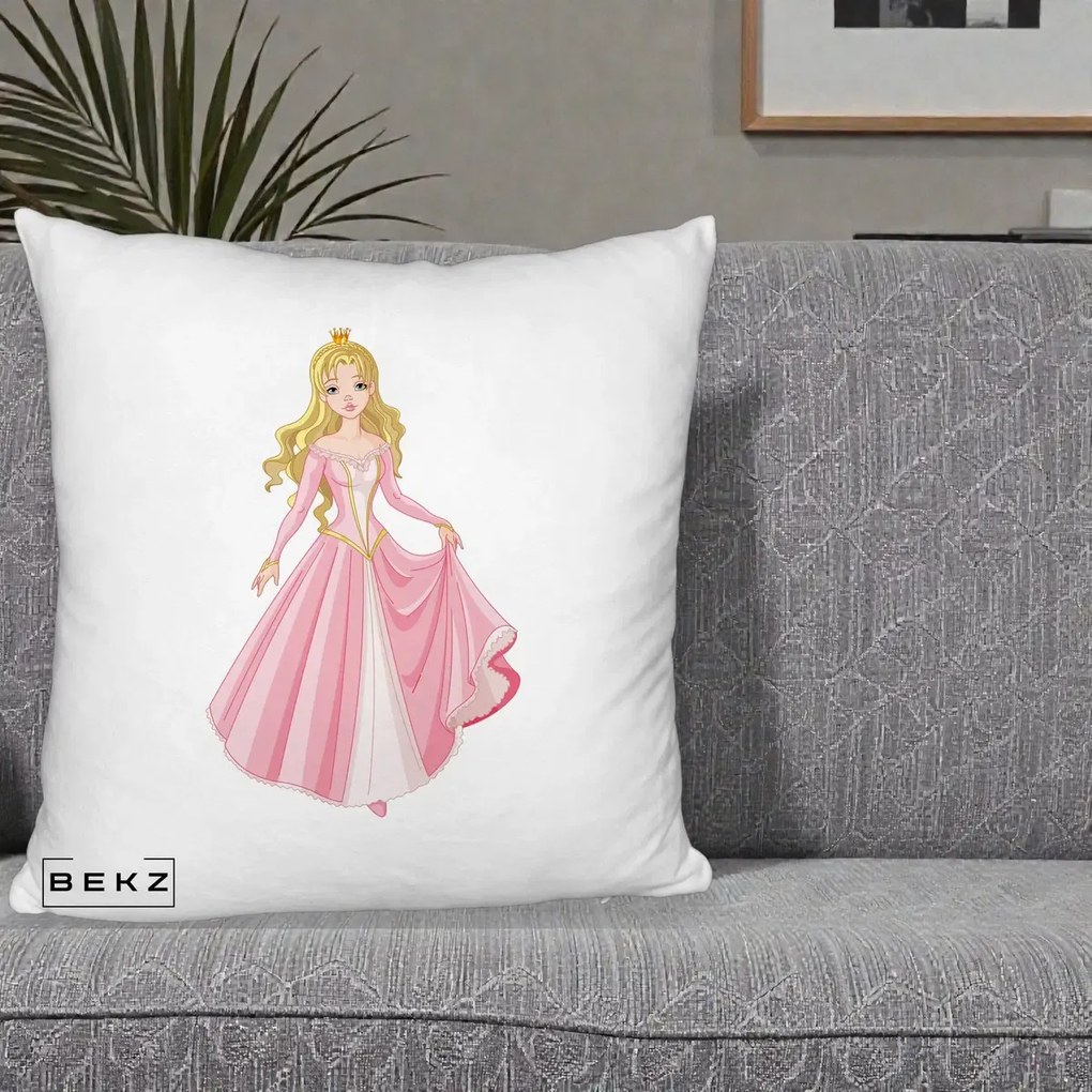 Perna Decorativa Printesa Aurora Rochie Roz, 40x40 cm, Alb Pufos, Husa Detasabila, Perna Inclusa, BEKZ®