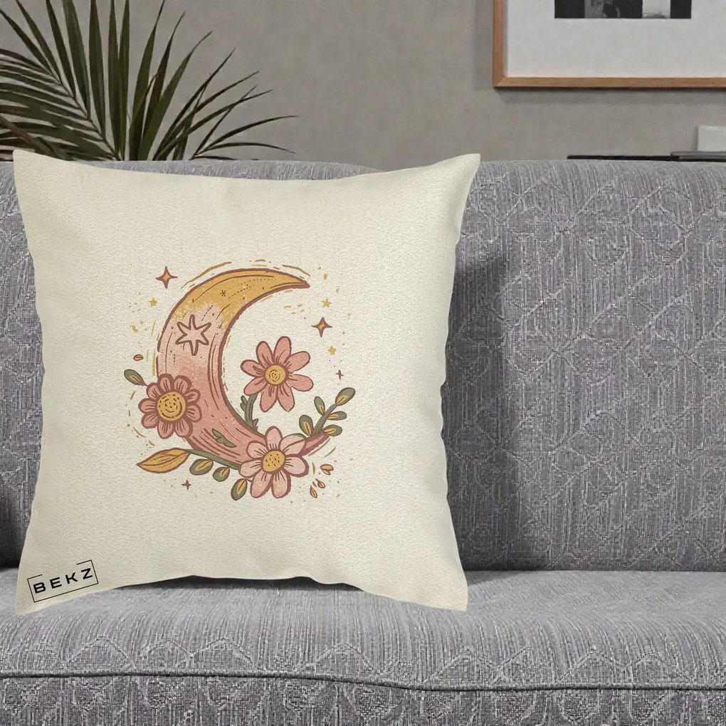 Perna Decorativa Luna Florala Boho, 40x40 cm, Ecru, Husa Detasabila, Perna Inclusa, BEKZ®