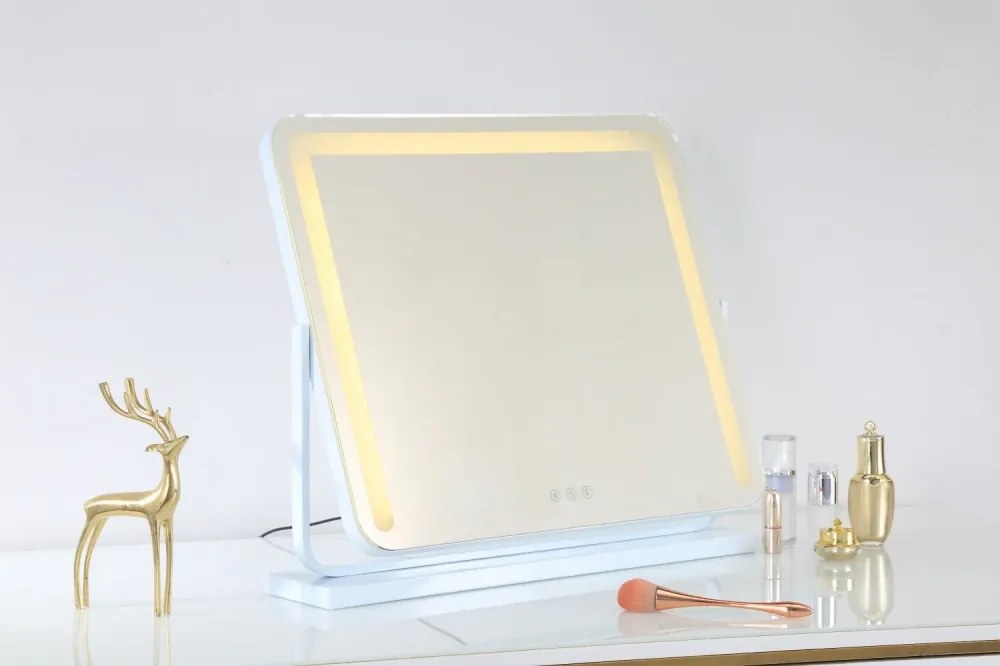 Oglindă cosmetică, sistem iluminare bandă LED, 3 culori, senzor tactil, rotire 360°, 50x40 cm, Alb