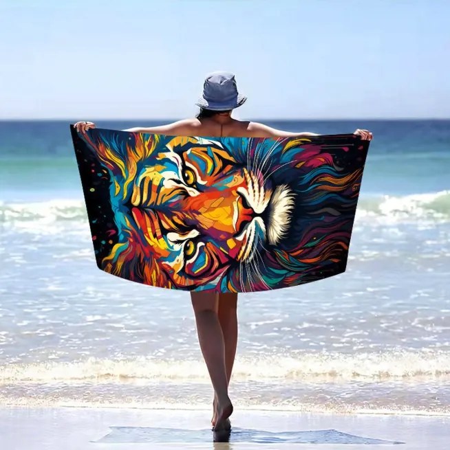Prosop de plajă tigru colorat - motiv exotic, uscare rapidă 100x180 cm