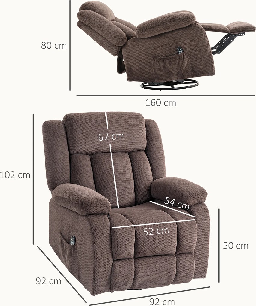 HOMCOM Fotoliu de masaj, 8 puncte de vibrație, 5 moduri, încălzire lombară, reglabil, rotativ, fotoliu tapițat, Maro | Aosom Romania