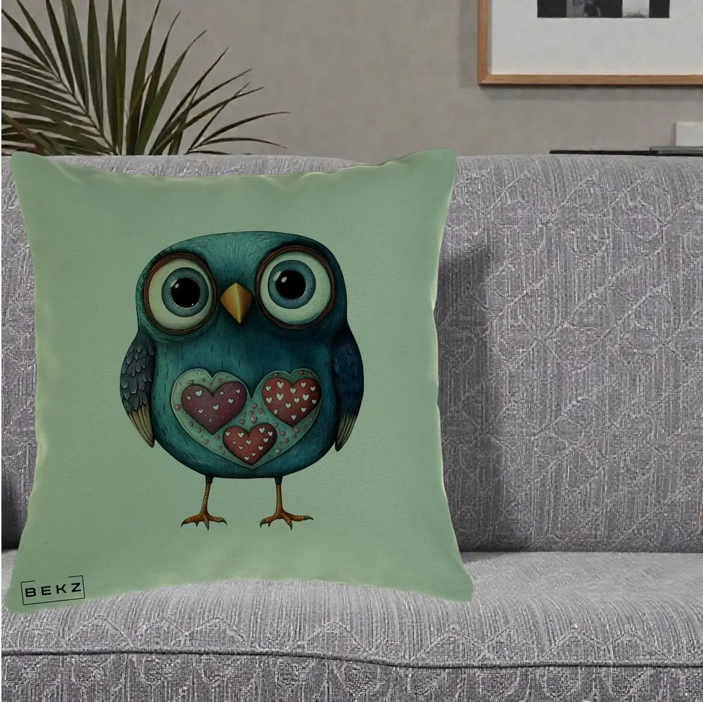 Perna Decorativa Bufnita Teal cu Doua Inimi, 40x40 cm, Verde, Husa Detasabila, Perna Inclusa, BEKZ®
