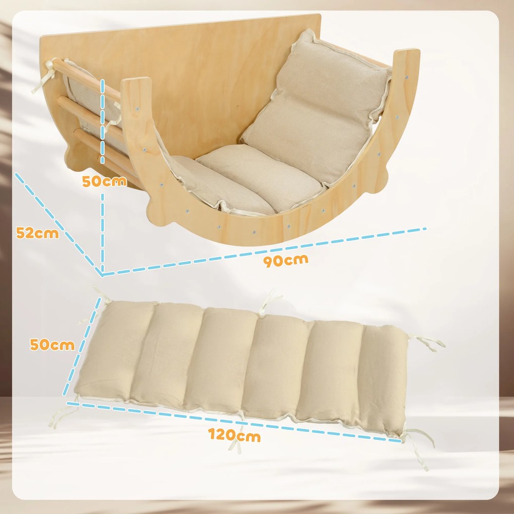AIYAPLAY 3 în 1 Arca de escaladă, balansoar și masă de joc cu perne, din lemn natural, pentru copii de 18 la 48 de luni | Aosom Romania