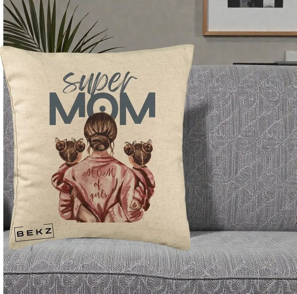 Cadou pentru Mama - Perna Personalizata Super Mom of Girls Mama cu Gemene, 40x40 cm, Bej, Husa Detasabila, Perna Inclusa, BEKZ®