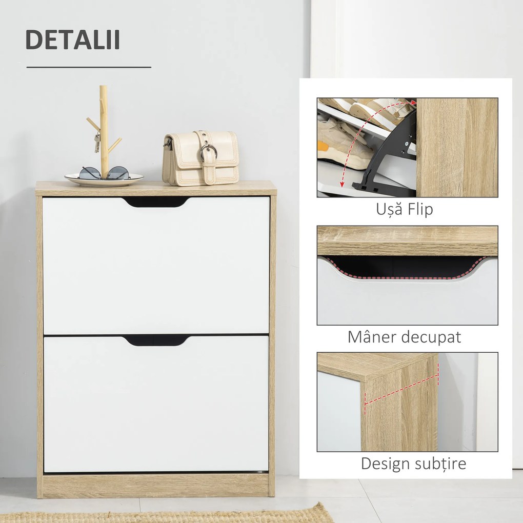 HOMCOM Dulap pantofi cu 2 Sertare Rabatabile, 8 Perechi, cu un Dispozitiv Anti-Răsturnare, Design Compact, 62,5x26x81 cm, Natural | Aosom Romania