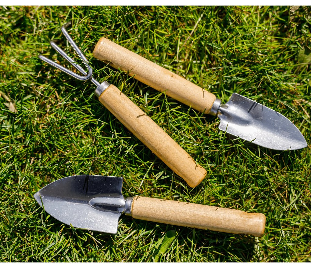 Unelte de grădină, set de 3, lemn natural / argintiu, VERDE